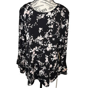 Karl Lagerfeld Women’s Blouse Size Large Black With Pink & White Floral Long Sle